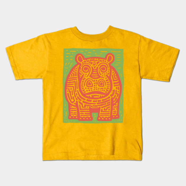 Red and Green Hippo Linocut Art - Playful Nursery Decor Kids T-Shirt by TuncGK