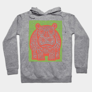 Red and Green Hippo Linocut Art - Playful Nursery Decor Hoodie