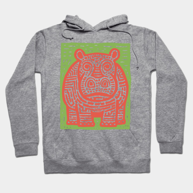 Red and Green Hippo Linocut Art - Playful Nursery Decor Hoodie by TuncGK