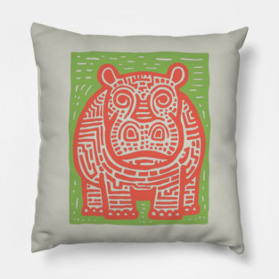 Red and Green Hippo Linocut Art - Playful Nursery Decor Pillow