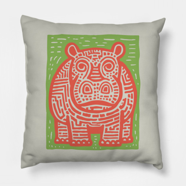 Red and Green Hippo Linocut Art - Playful Nursery Decor Pillow by TuncGK