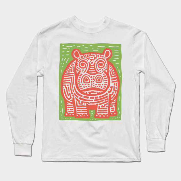 Red and Green Hippo Linocut Art - Playful Nursery Decor Long Sleeve T-Shirt by TuncGK