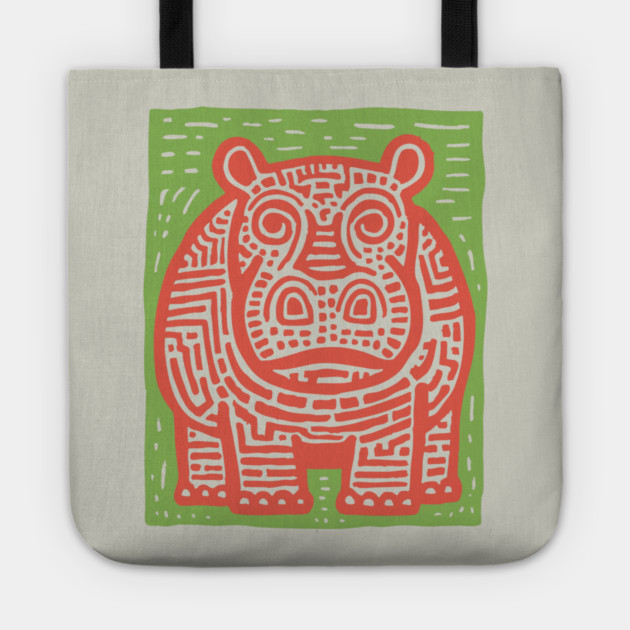 Red and Green Hippo Linocut Art - Playful Nursery Decor Tote by TuncGK