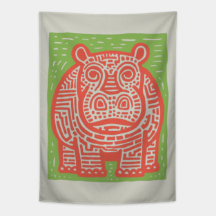 Red and Green Hippo Linocut Art - Playful Nursery Decor Tapestry