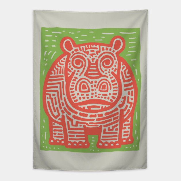 Red and Green Hippo Linocut Art - Playful Nursery Decor Tapestry by TuncGK