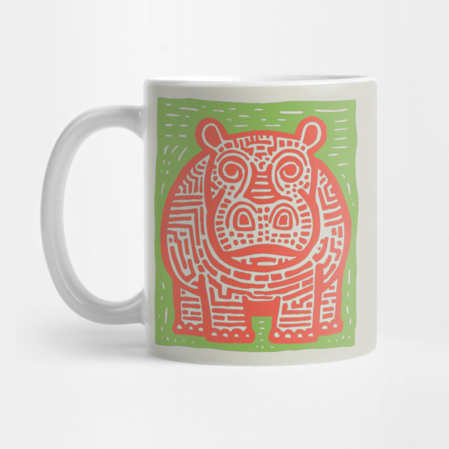 Red and Green Hippo Linocut Art - Playful Nursery Decor by TuncGK