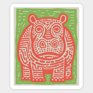 Red and Green Hippo Linocut Art - Playful Nursery Decor Sticker