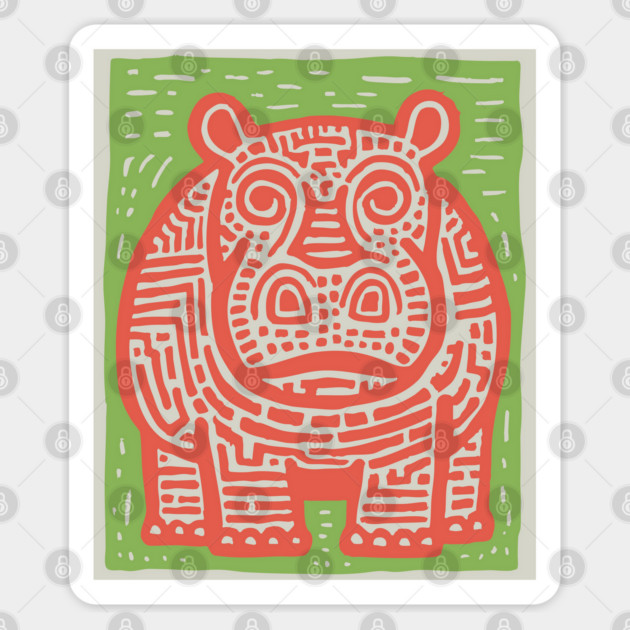 Red and Green Hippo Linocut Art - Playful Nursery Decor Sticker by TuncGK