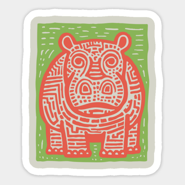 Red and Green Hippo Linocut Art - Playful Nursery Decor Magnet by TuncGK