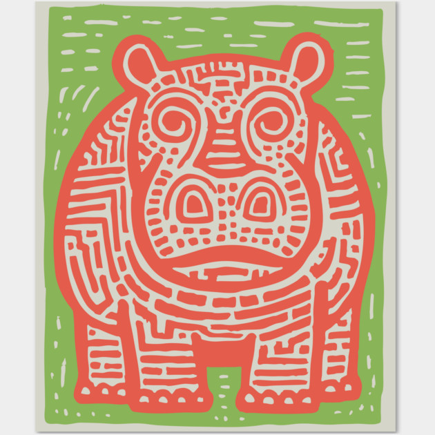 Red and Green Hippo Linocut Art - Playful Nursery Decor Wall Art by TuncGK