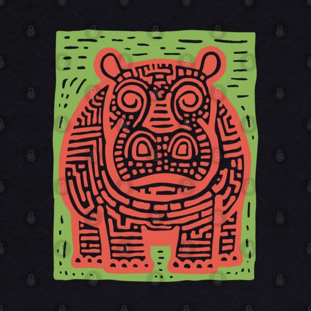 Red and Green Hippo Linocut Art - Playful Nursery Decor by TuncGK