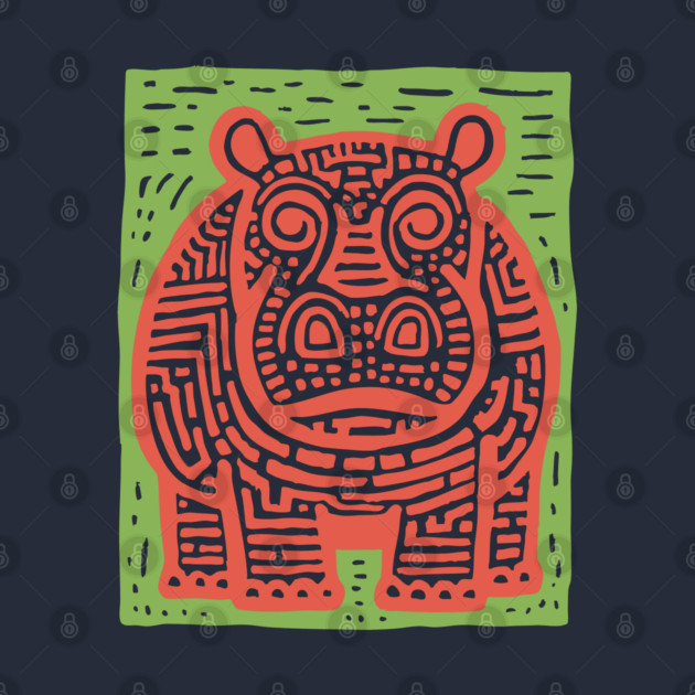 Red and Green Hippo Linocut Art - Playful Nursery Decor by TuncGK