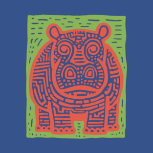 Red and Green Hippo Linocut Art - Playful Nursery Decor T-Shirt