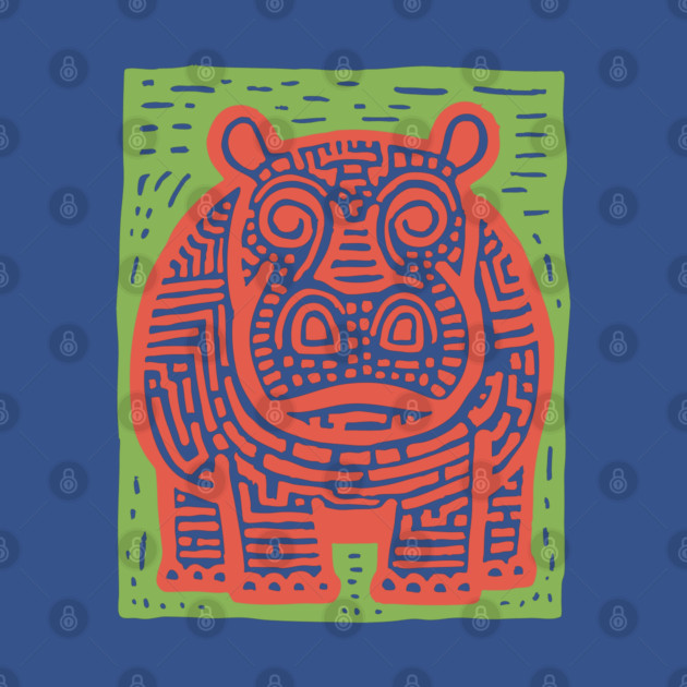 Red and Green Hippo Linocut Art - Playful Nursery Decor by TuncGK