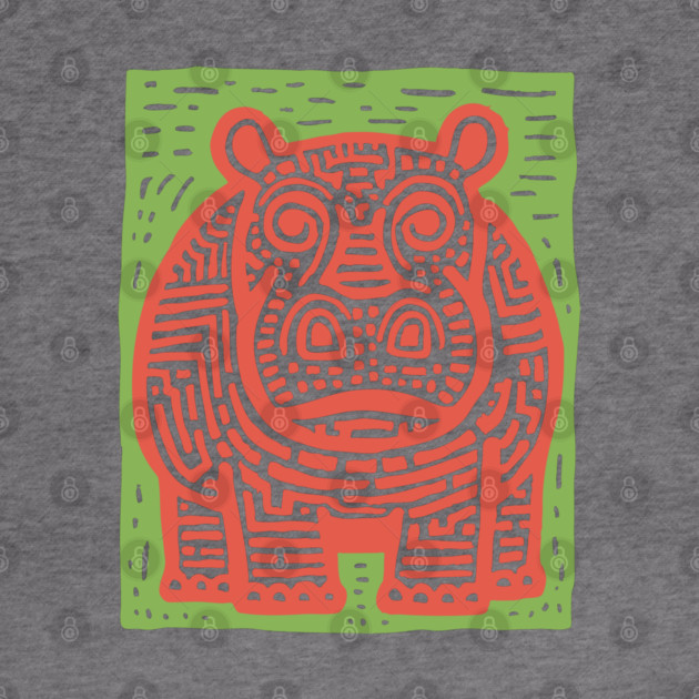 Red and Green Hippo Linocut Art - Playful Nursery Decor by TuncGK