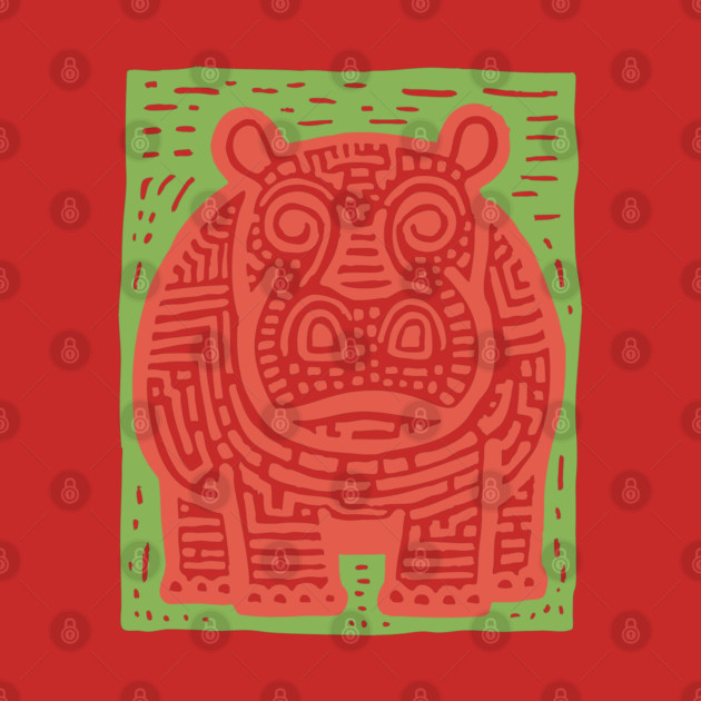 Red and Green Hippo Linocut Art - Playful Nursery Decor by TuncGK