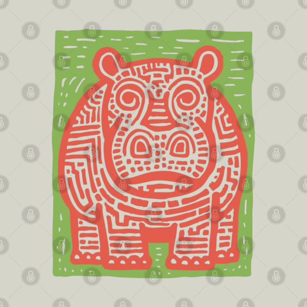 Red and Green Hippo Linocut Art - Playful Nursery Decor by TuncGK