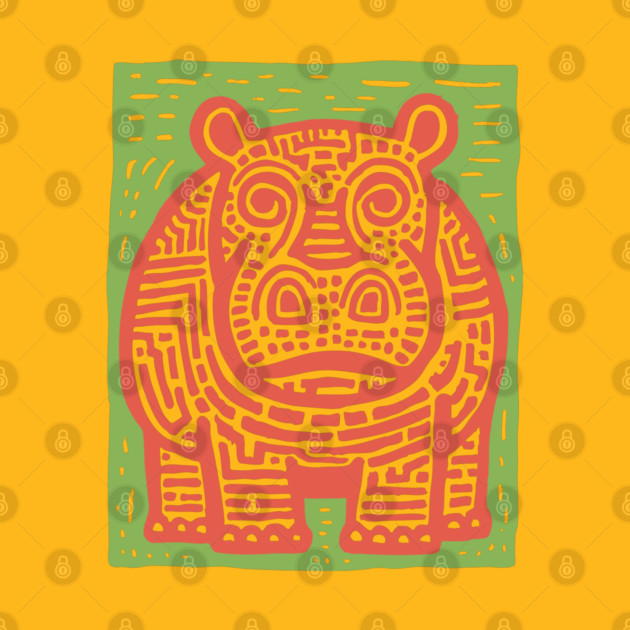 Red and Green Hippo Linocut Art - Playful Nursery Decor by TuncGK