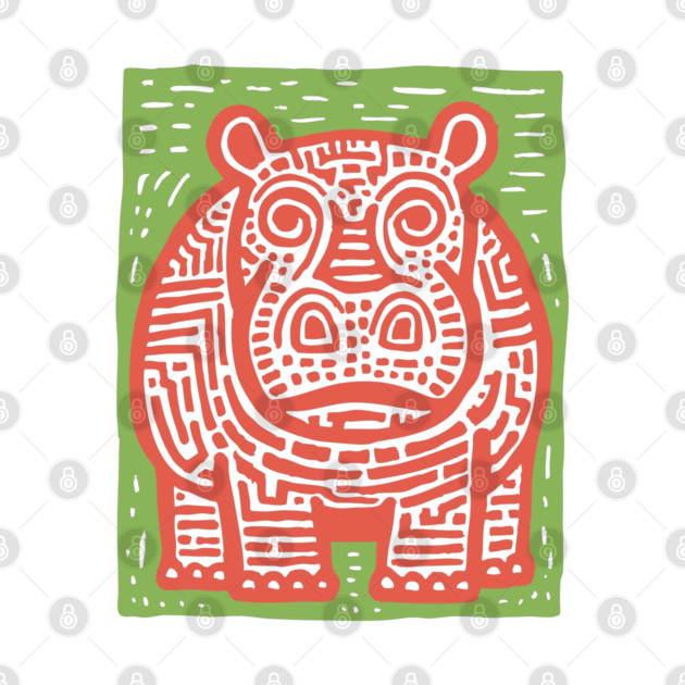 Red and Green Hippo Linocut Art - Playful Nursery Decor by TuncGK