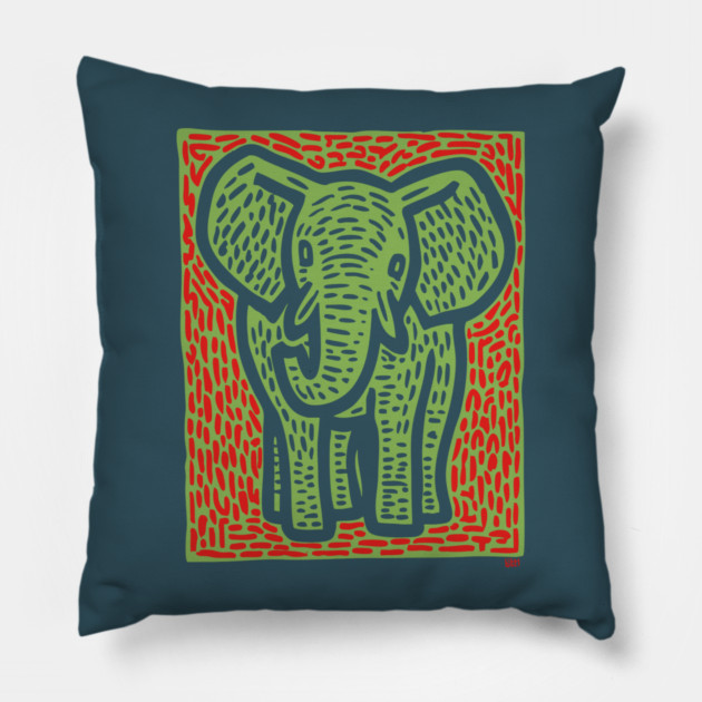 Gentle Elephant Linocut Art for Calming Jungle Nursery Decor Pillow by TuncGK