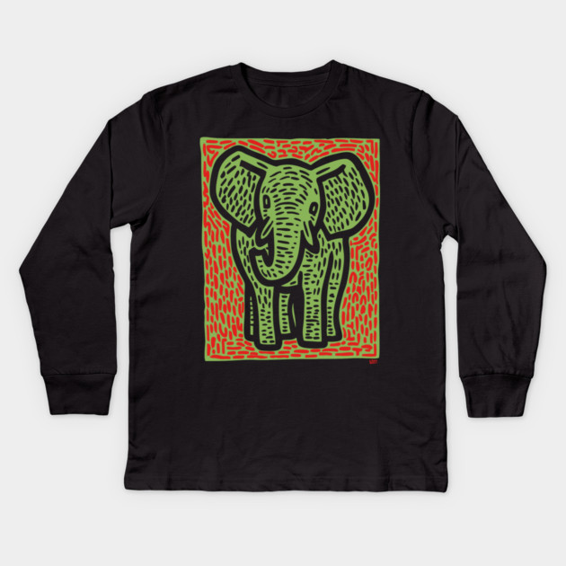 Gentle Elephant Linocut Art for Calming Jungle Nursery Decor Kids Long Sleeve T-Shirt by TuncGK