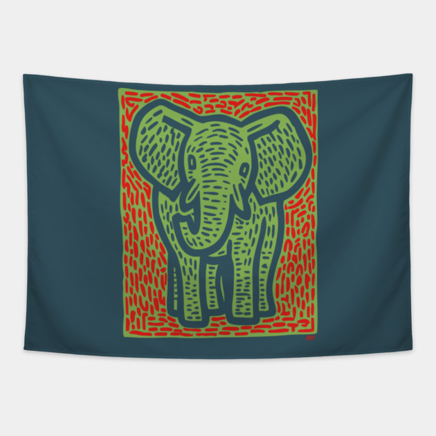 Gentle Elephant Linocut Art for Calming Jungle Nursery Decor Tapestry by TuncGK