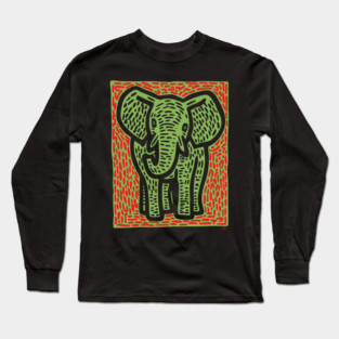 Gentle Elephant Linocut Art for Calming Jungle Nursery Decor Long Sleeve T-Shirt