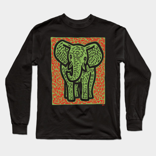 Gentle Elephant Linocut Art for Calming Jungle Nursery Decor Long Sleeve T-Shirt by TuncGK