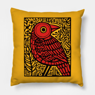 Folk Art Red Bird Print for Woodland Nursery Theme Pillow
