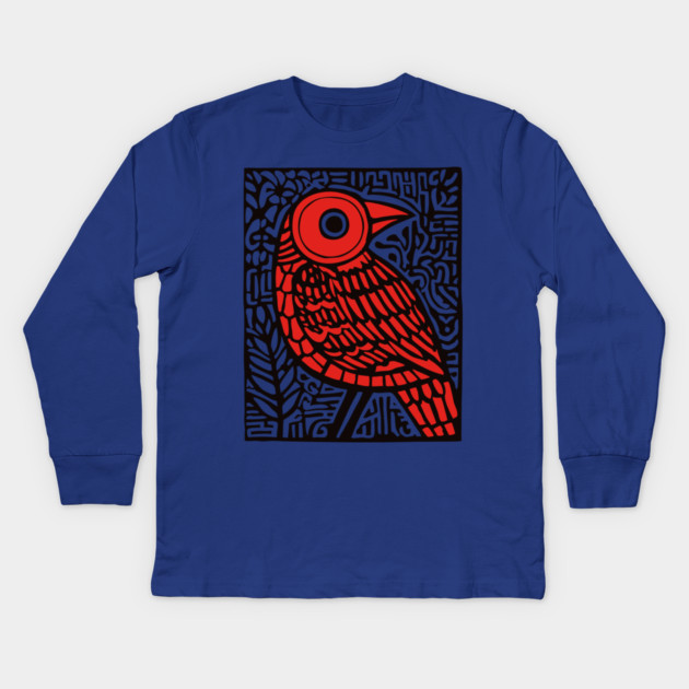 Folk Art Red Bird Print for Woodland Nursery Theme Kids Long Sleeve T-Shirt by TuncGK
