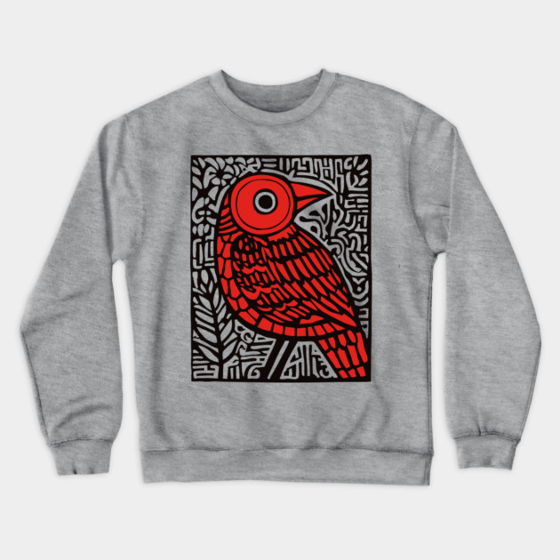 Folk Art Red Bird Print for Woodland Nursery Theme Crewneck Sweatshirt by TuncGK