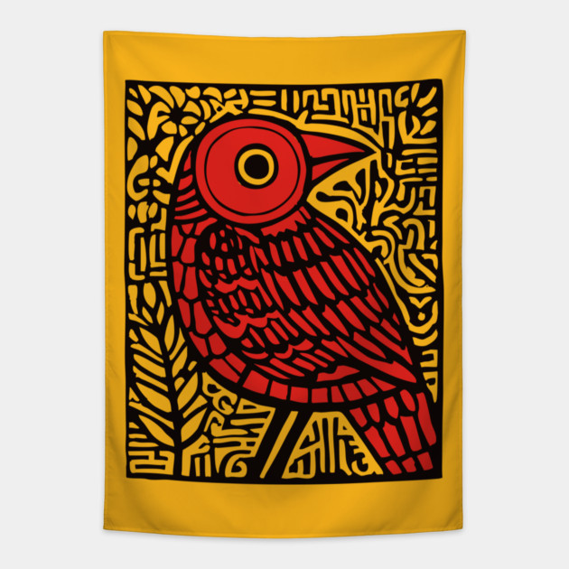 Folk Art Red Bird Print for Woodland Nursery Theme Tapestry by TuncGK