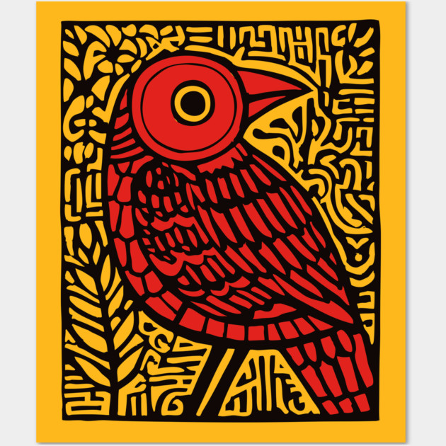 Folk Art Red Bird Print for Woodland Nursery Theme Wall Art by TuncGK