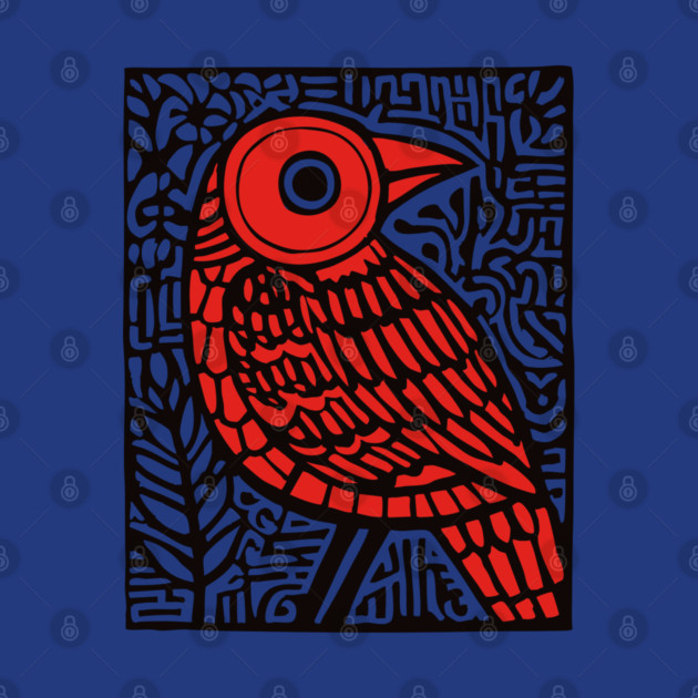 Folk Art Red Bird Print for Woodland Nursery Theme by TuncGK