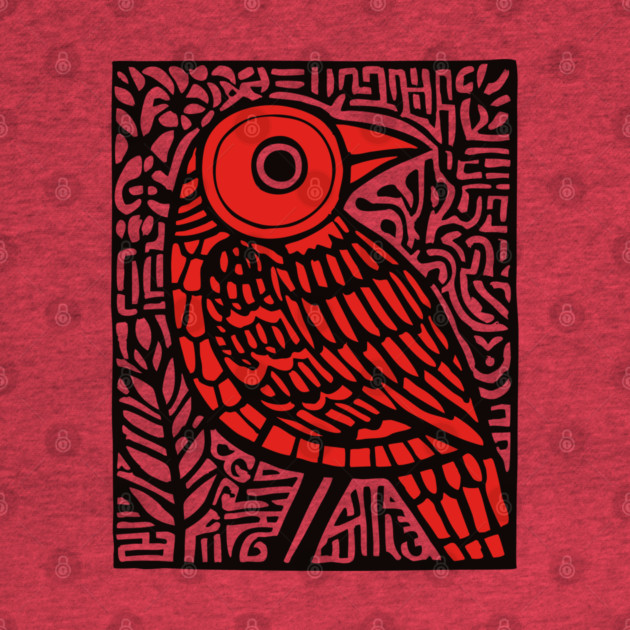 Folk Art Red Bird Print for Woodland Nursery Theme by TuncGK