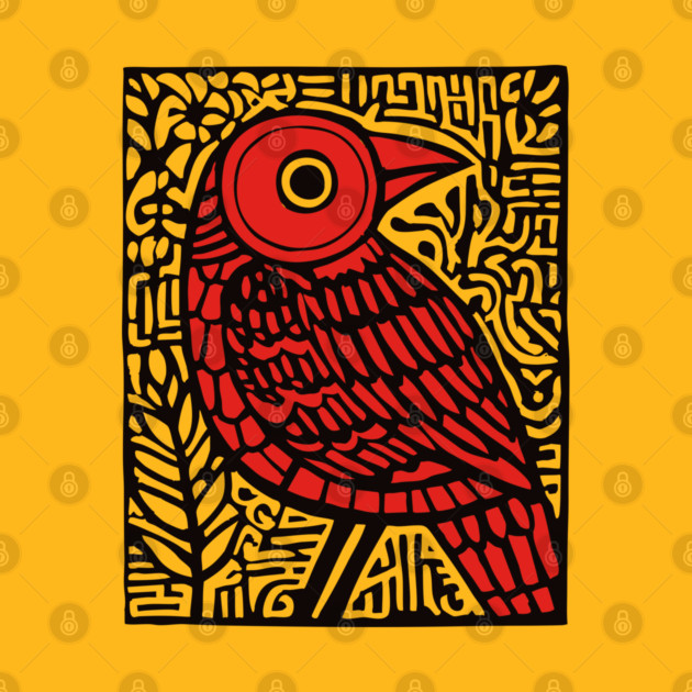 Folk Art Red Bird Print for Woodland Nursery Theme by TuncGK