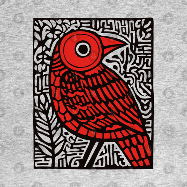 Folk Art Red Bird Print for Woodland Nursery Theme by TuncGK