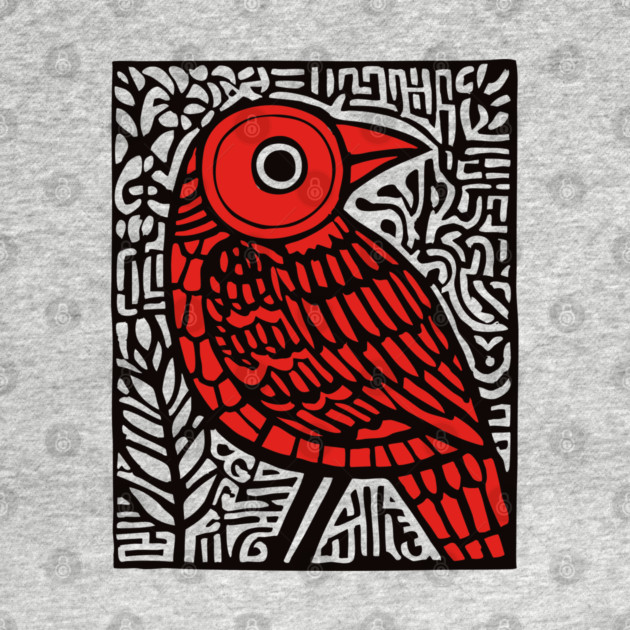 Folk Art Red Bird Print for Woodland Nursery Theme by TuncGK