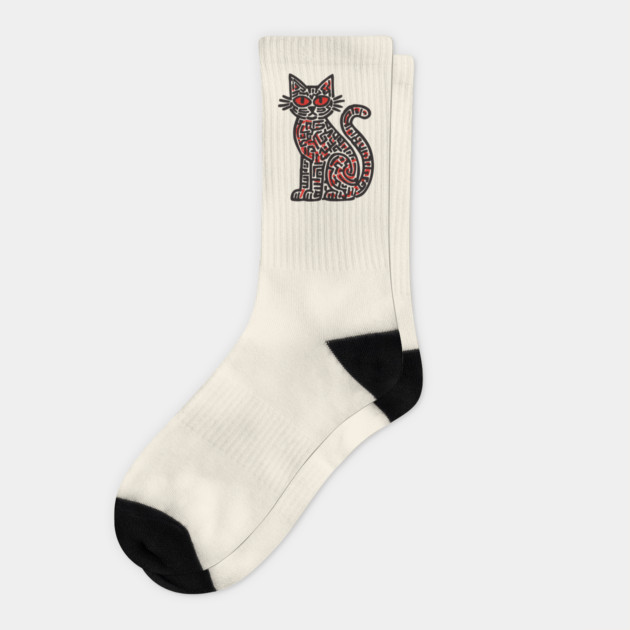 Mystical Black Cat Linocut for Spooky Folk Art Lovers Socks by TuncGK