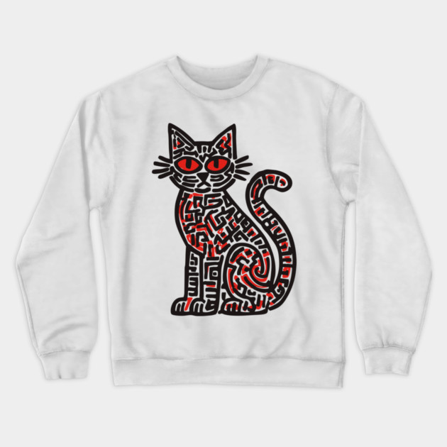 Mystical Black Cat Linocut for Spooky Folk Art Lovers Crewneck Sweatshirt by TuncGK