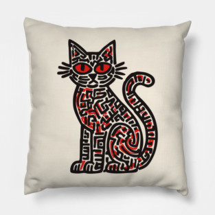 Mystical Black Cat Linocut for Spooky Folk Art Lovers Pillow