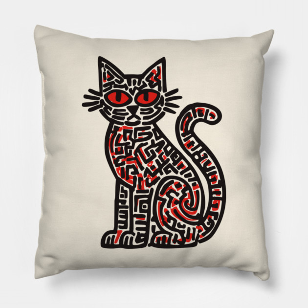 Mystical Black Cat Linocut for Spooky Folk Art Lovers Pillow by TuncGK