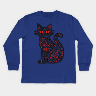 Mystical Black Cat Linocut for Spooky Folk Art Lovers Kids Long Sleeve T-Shirt