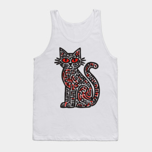 Mystical Black Cat Linocut for Spooky Folk Art Lovers Tank Top