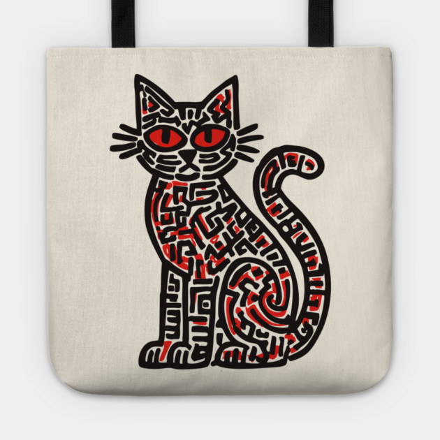 Mystical Black Cat Linocut for Spooky Folk Art Lovers Tote by TuncGK
