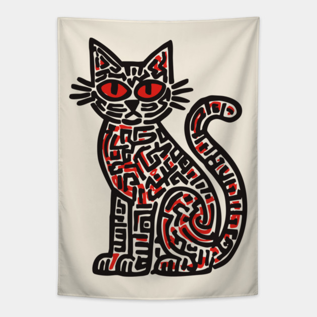 Mystical Black Cat Linocut for Spooky Folk Art Lovers Tapestry by TuncGK