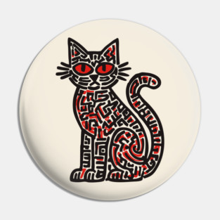 Mystical Black Cat Linocut for Spooky Folk Art Lovers Pin