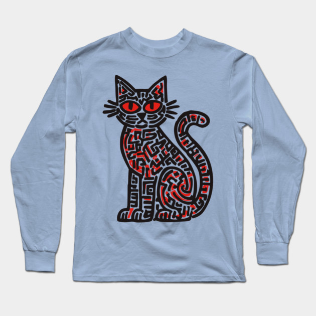 Mystical Black Cat Linocut for Spooky Folk Art Lovers Long Sleeve T-Shirt by TuncGK