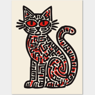 Mystical Black Cat Linocut for Spooky Folk Art Lovers Posters and Art