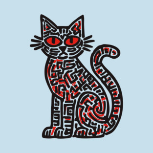 Mystical Black Cat Linocut for Spooky Folk Art Lovers T-Shirt